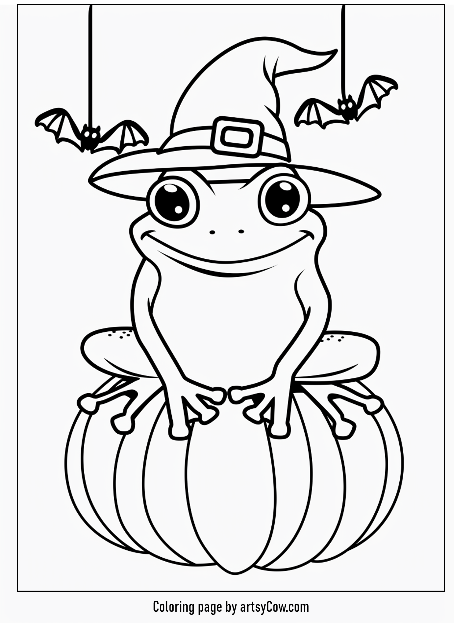 a charming frog dressed in a witch’s hat sitting contently on a pumpkin